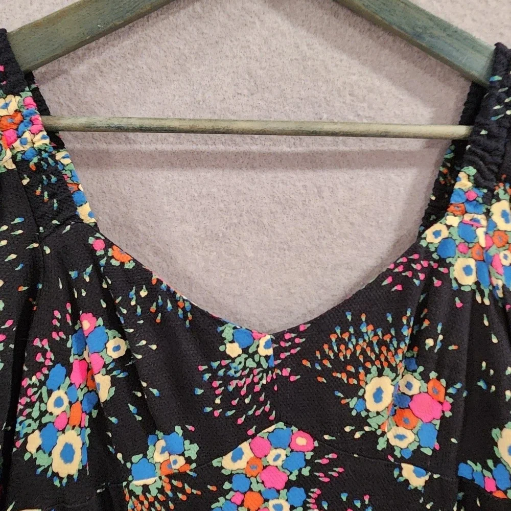 Anthropologie Floral Puff Sleeve Smocked Back Midi Dress Black Multicolor Size 4